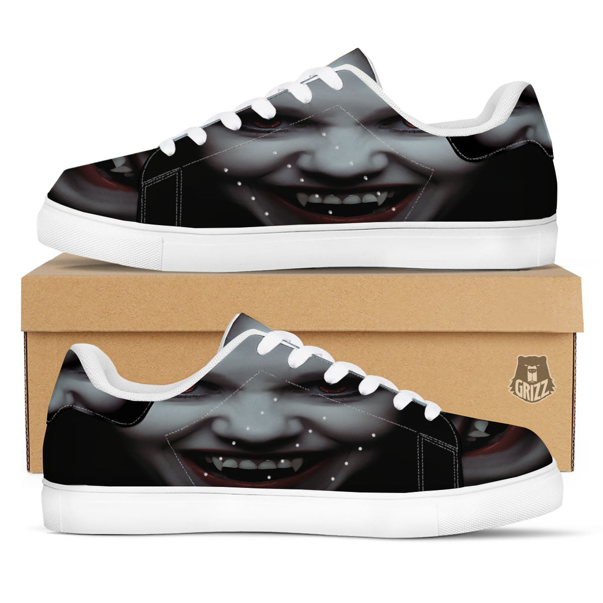 Vampire Girl Halloween Print White Low Top Sneakers-grizzshop