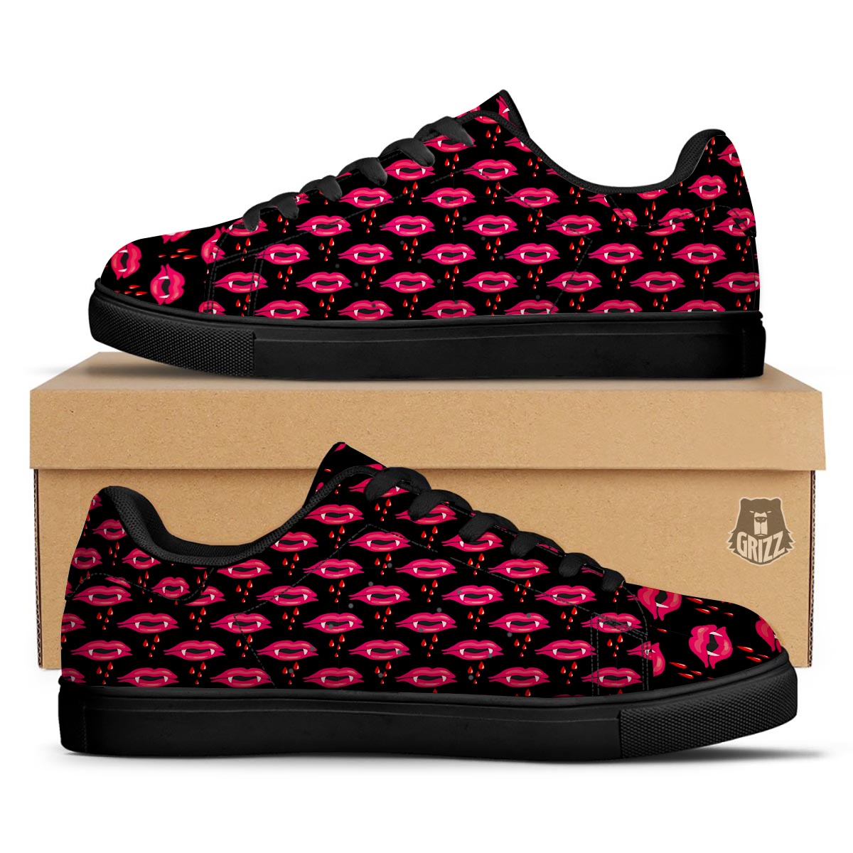 Vampire Lips Red Halloween Print Pattern Black Low Top Sneakers-grizzshop