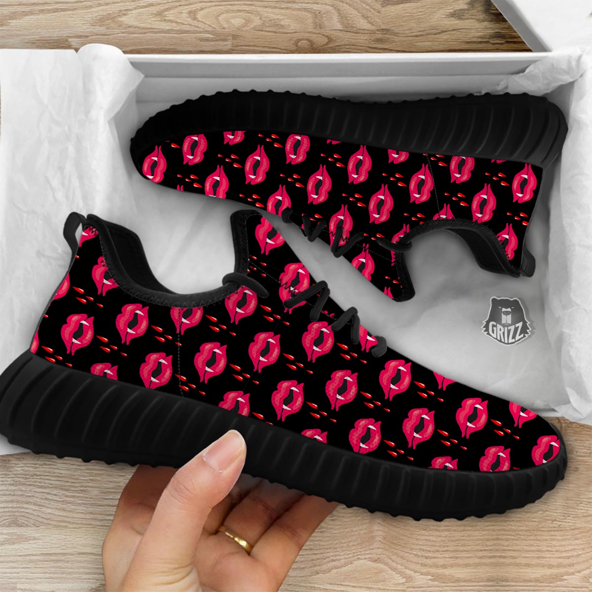 Vampire Lips Red Halloween Print Pattern Black Walking Shoes-grizzshop