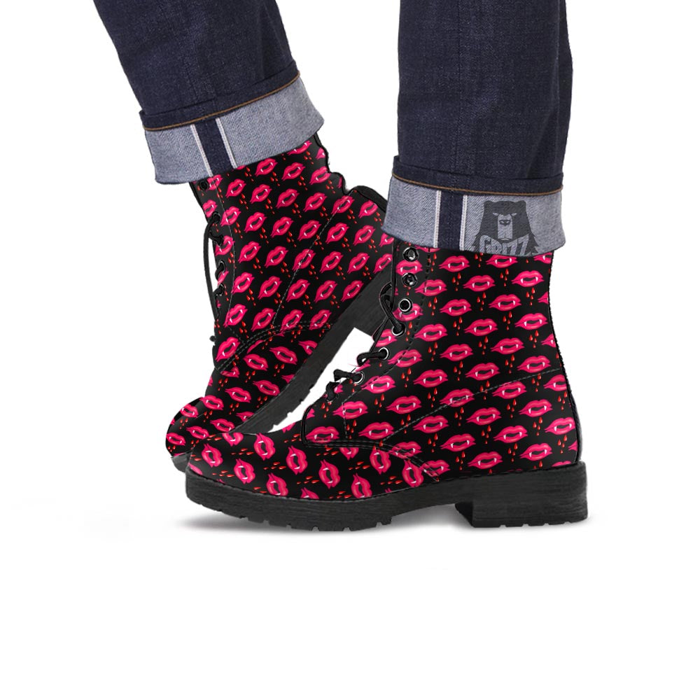Vampire Lips Red Halloween Print Pattern Leather Boots-grizzshop