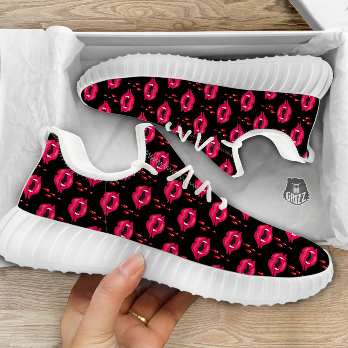 Vampire Lips Red Halloween Print Pattern White Walking Shoes-grizzshop