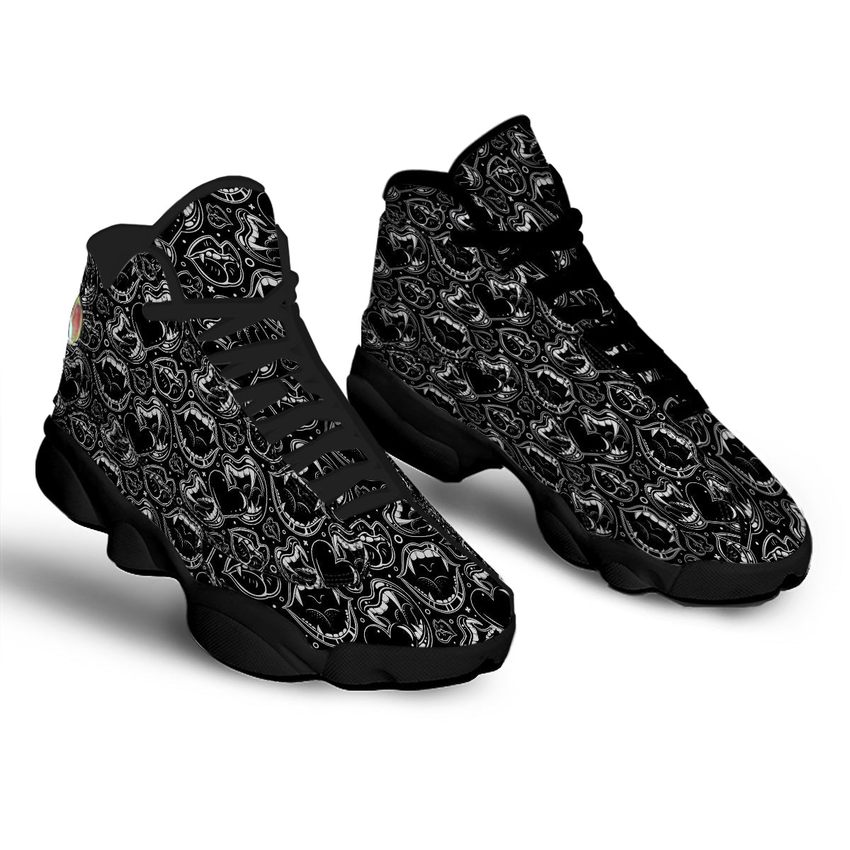 Vampire Mouth Black and White Print Pattern Black Basketball Shoes-grizzshop