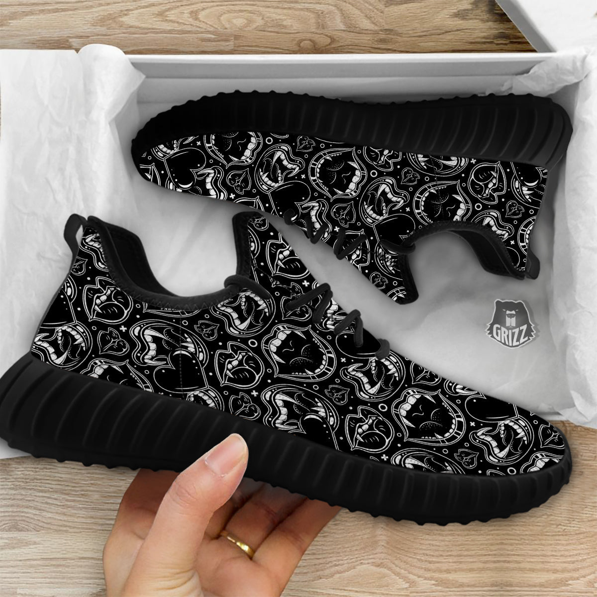 Vampire Mouth Black and White Print Pattern Black Walking Shoes-grizzshop