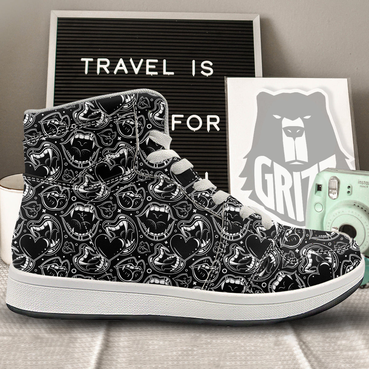 Vampire Mouth Black and White Print Pattern High Top Sneakers-grizzshop