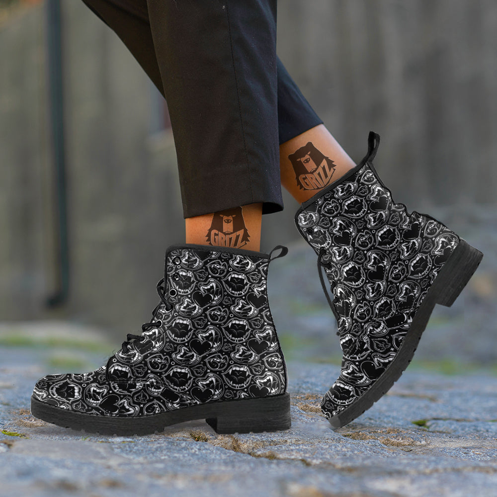 Vampire Mouth Black and White Print Pattern Leather Boots-grizzshop