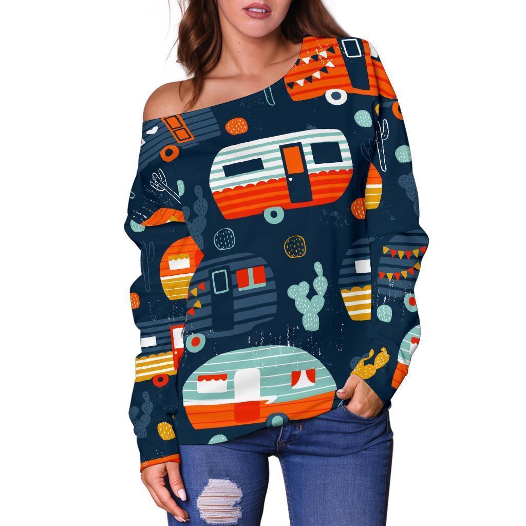 Van Camper Pattern Print Women Off Shoulder Sweatshirt-grizzshop