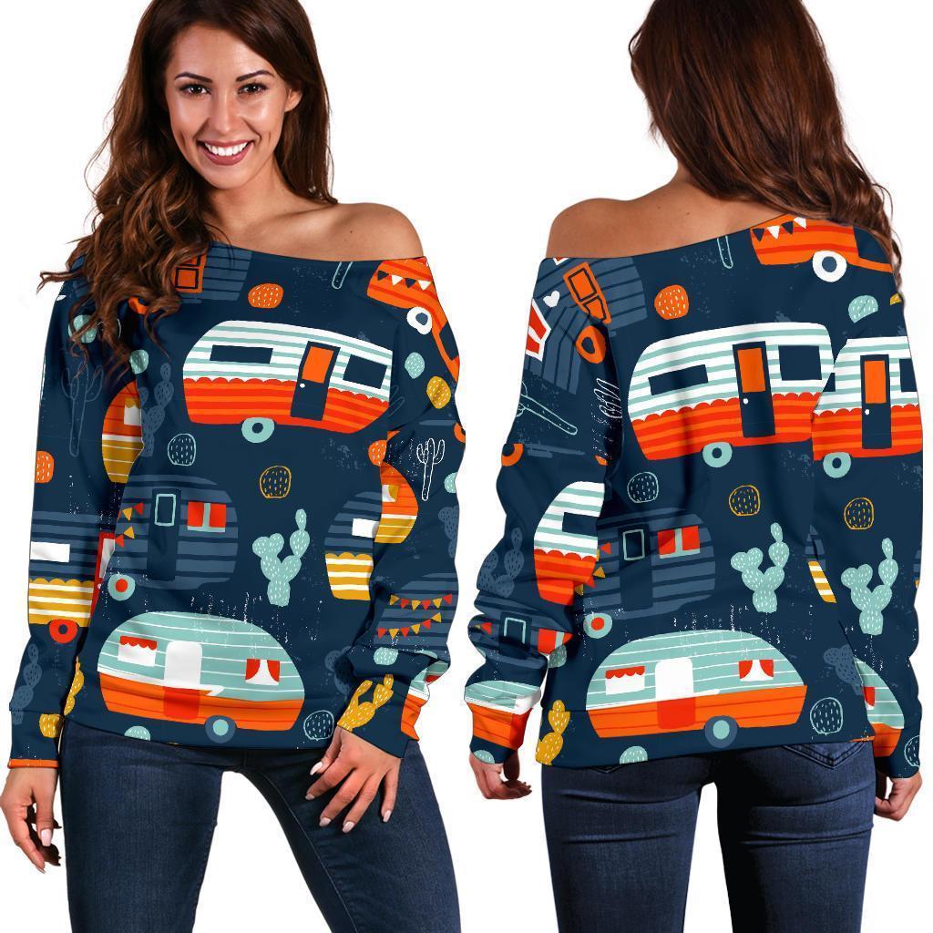 Van Camper Pattern Print Women Off Shoulder Sweatshirt-grizzshop