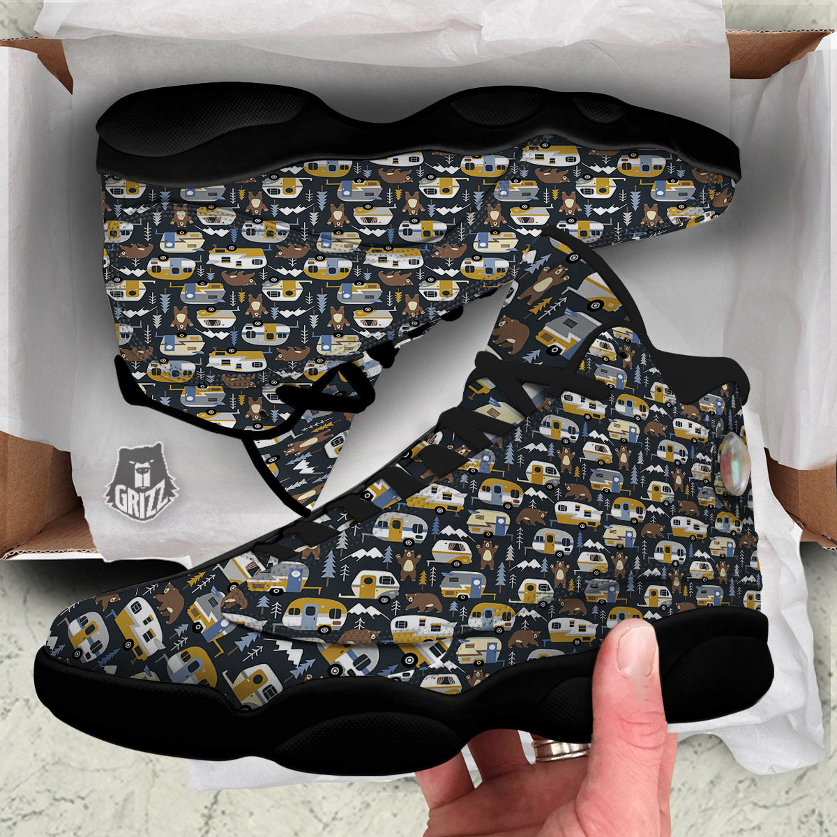 Van Camping Print Pattern Black Basketball Shoes-grizzshop