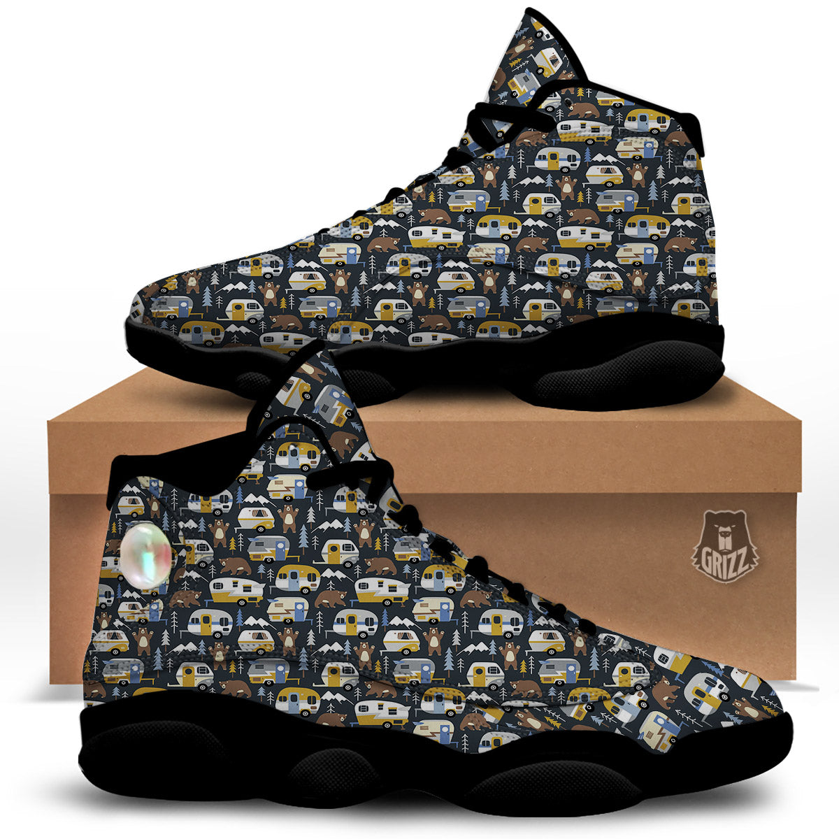 Van Camping Print Pattern Black Basketball Shoes-grizzshop