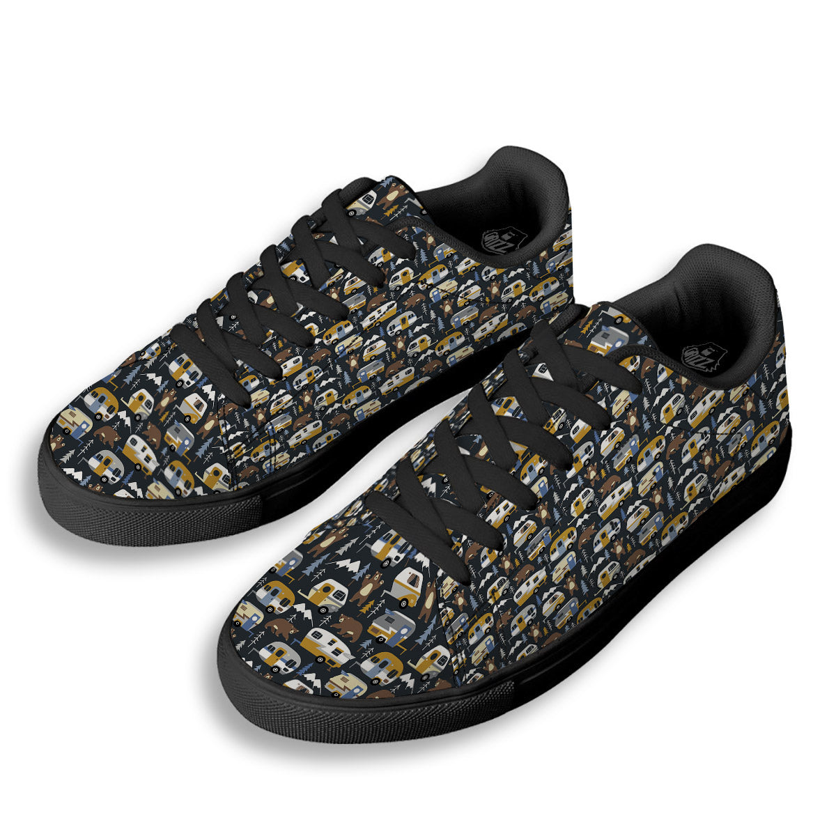 Van Camping Print Pattern Black Low Top Sneakers-grizzshop