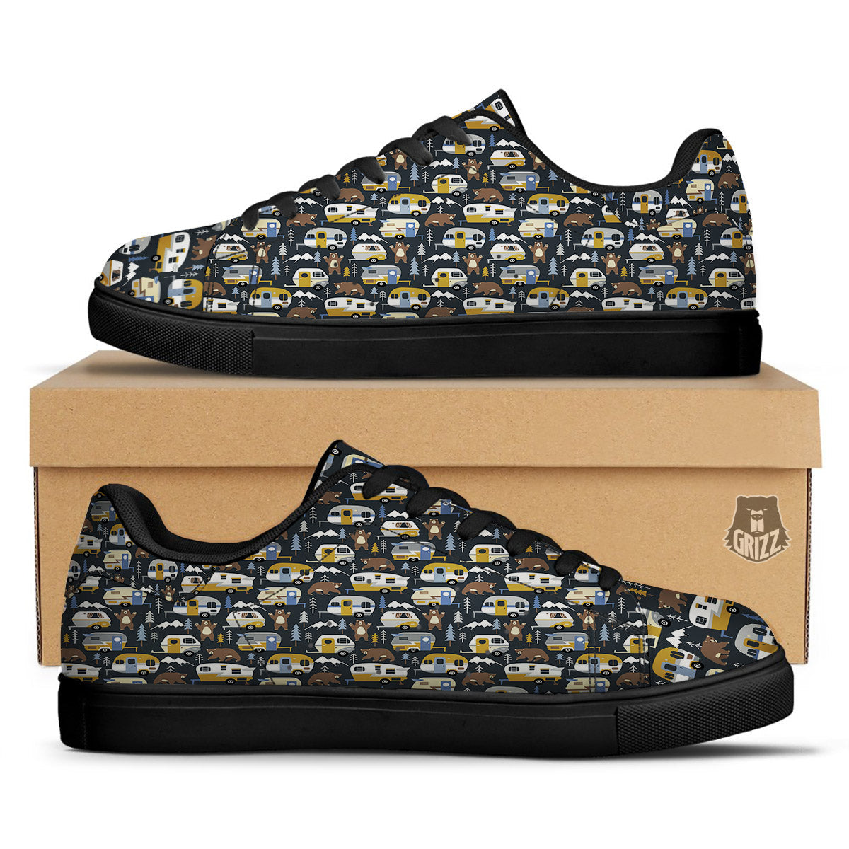 Van Camping Print Pattern Black Low Top Sneakers-grizzshop