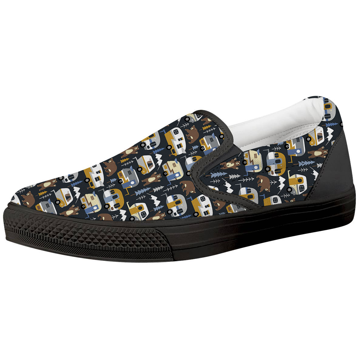 Van Camping Print Pattern Black Slip On Shoes-grizzshop