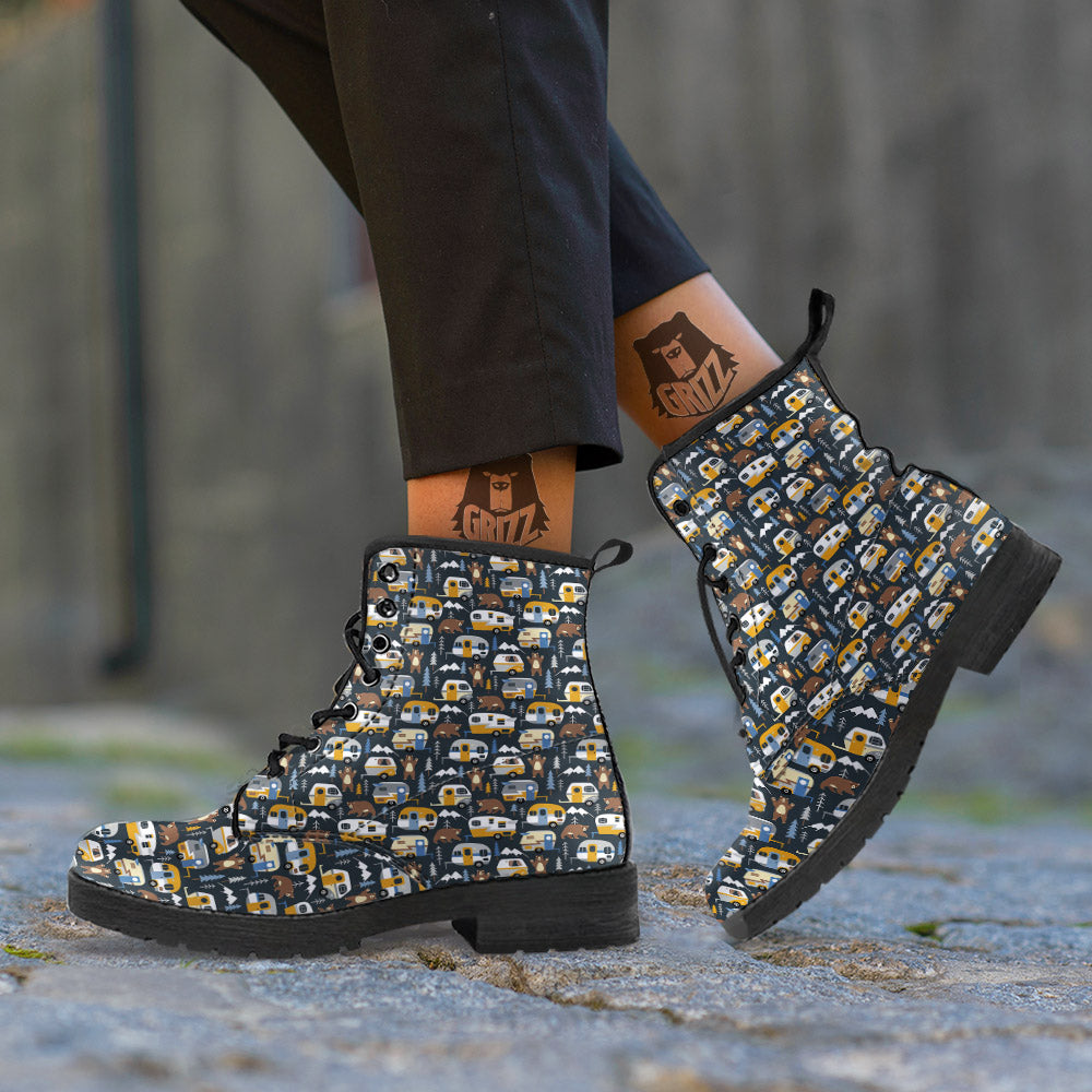 Van Camping Print Pattern Leather Boots-grizzshop