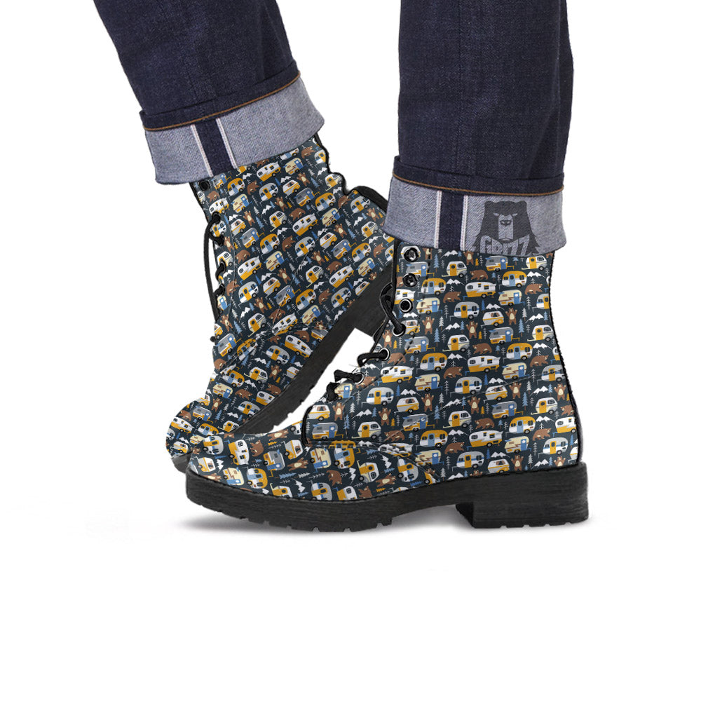 Van Camping Print Pattern Leather Boots-grizzshop