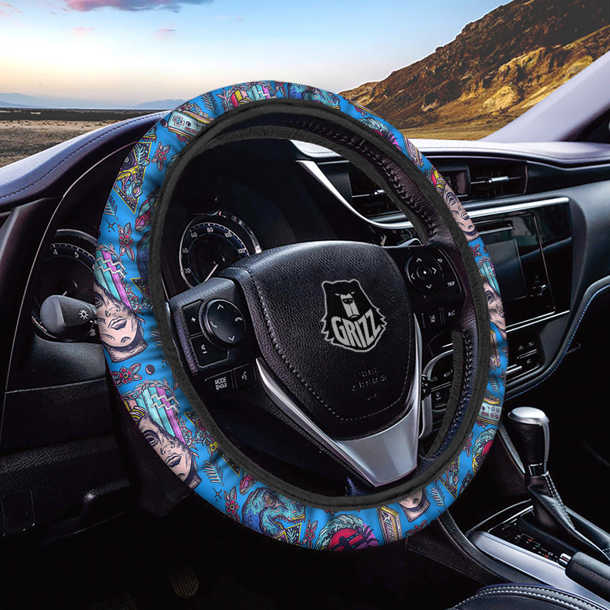 Vaporwave Art Cyberpunk Print Pattern Car Steering Wheel Cover-grizzshop