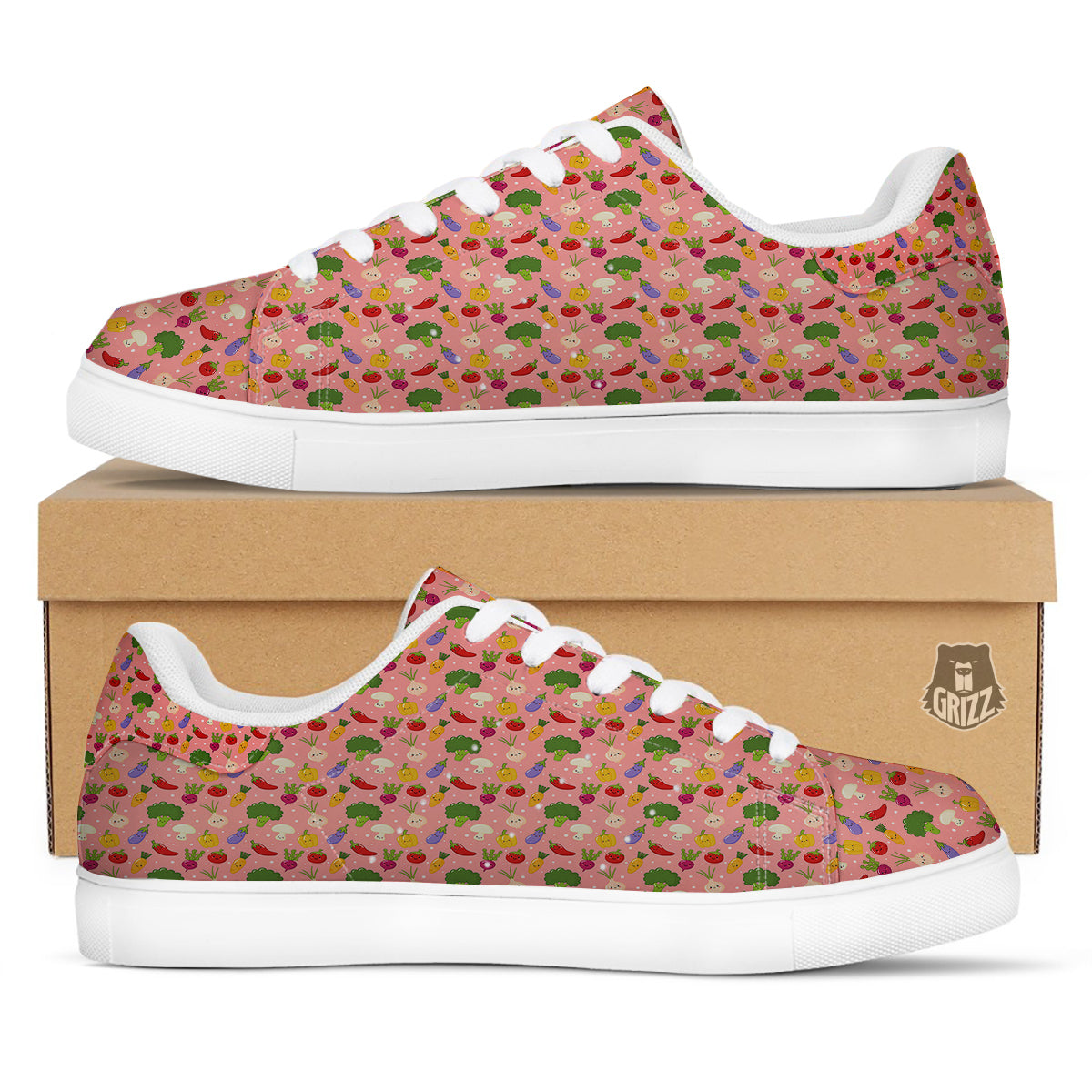 Vegan Cute Print Pattern White Low Top Sneakers-grizzshop