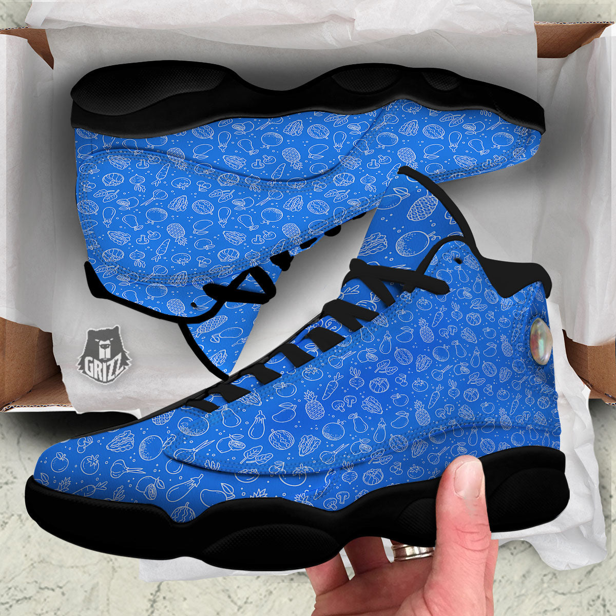 Vegan White And Blue Print Pattern Black Basketball Shoes-grizzshop