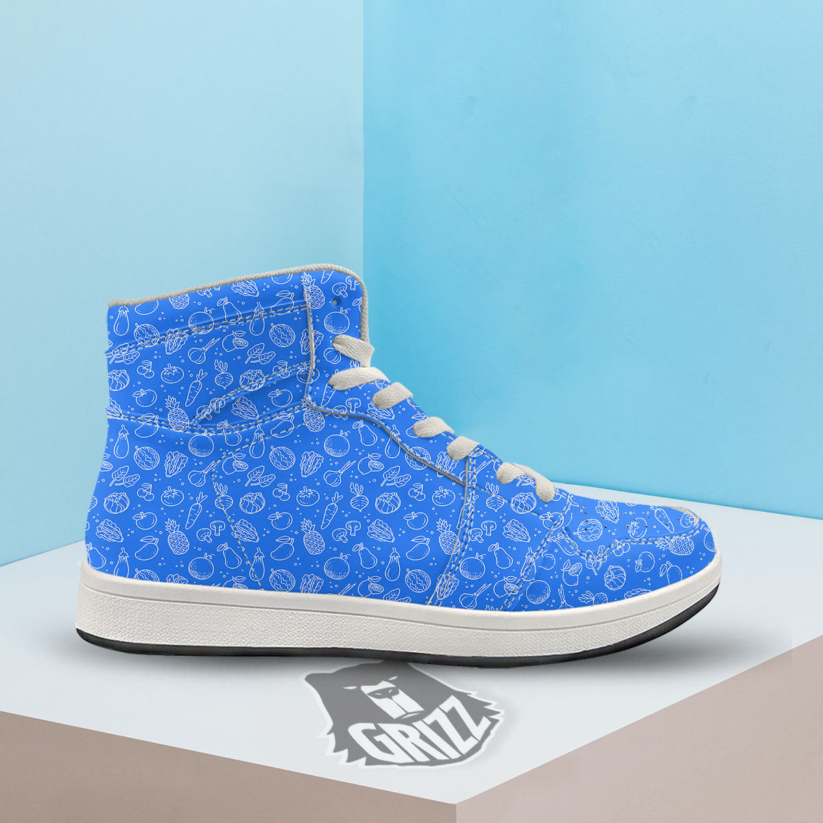 Vegan White And Blue Print Pattern High Top Sneakers-grizzshop