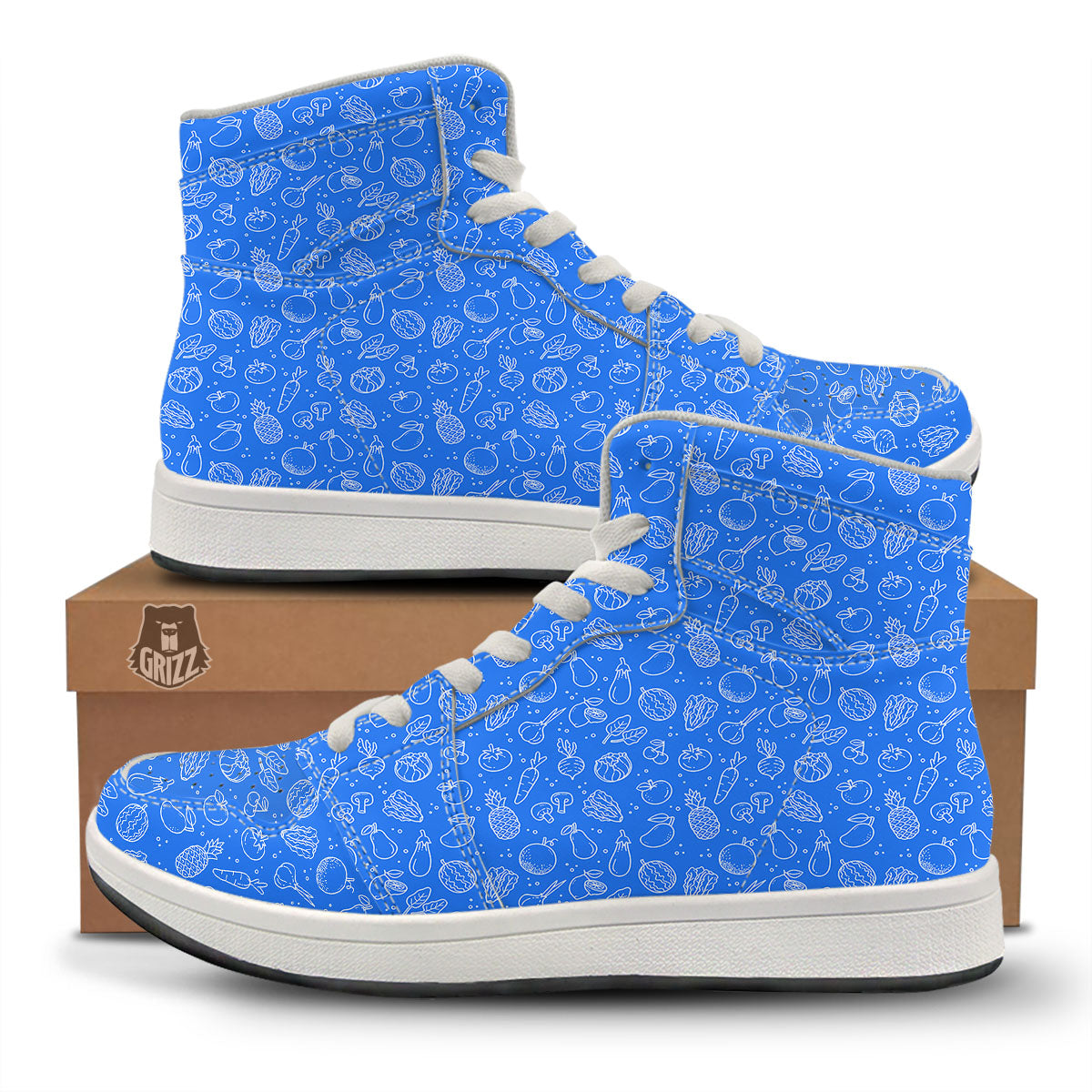 Vegan White And Blue Print Pattern High Top Sneakers-grizzshop