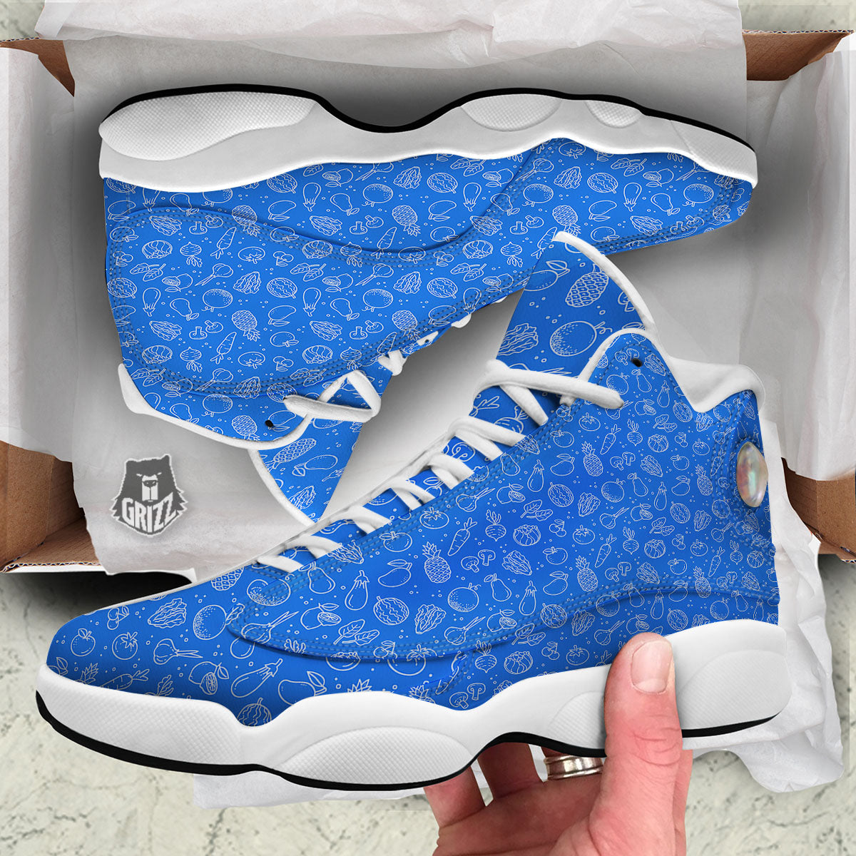 Vegan White And Blue Print Pattern White Basketball Shoes-grizzshop