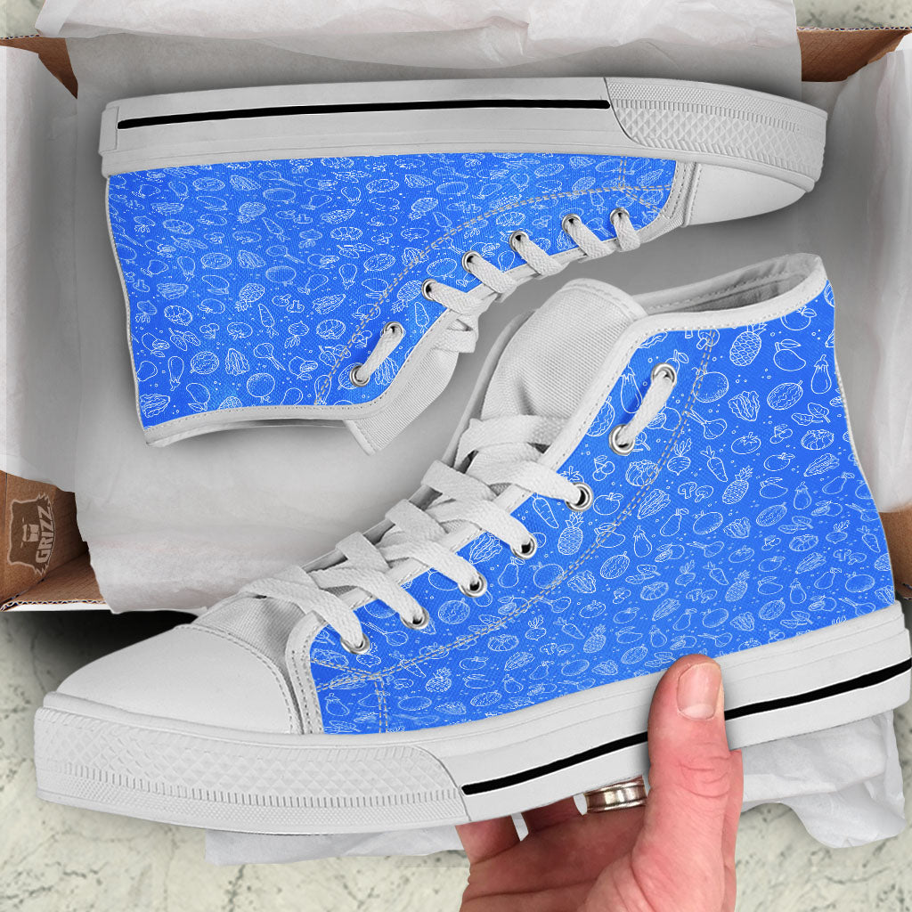 Vegan White And Blue Print Pattern White High Top Shoes-grizzshop