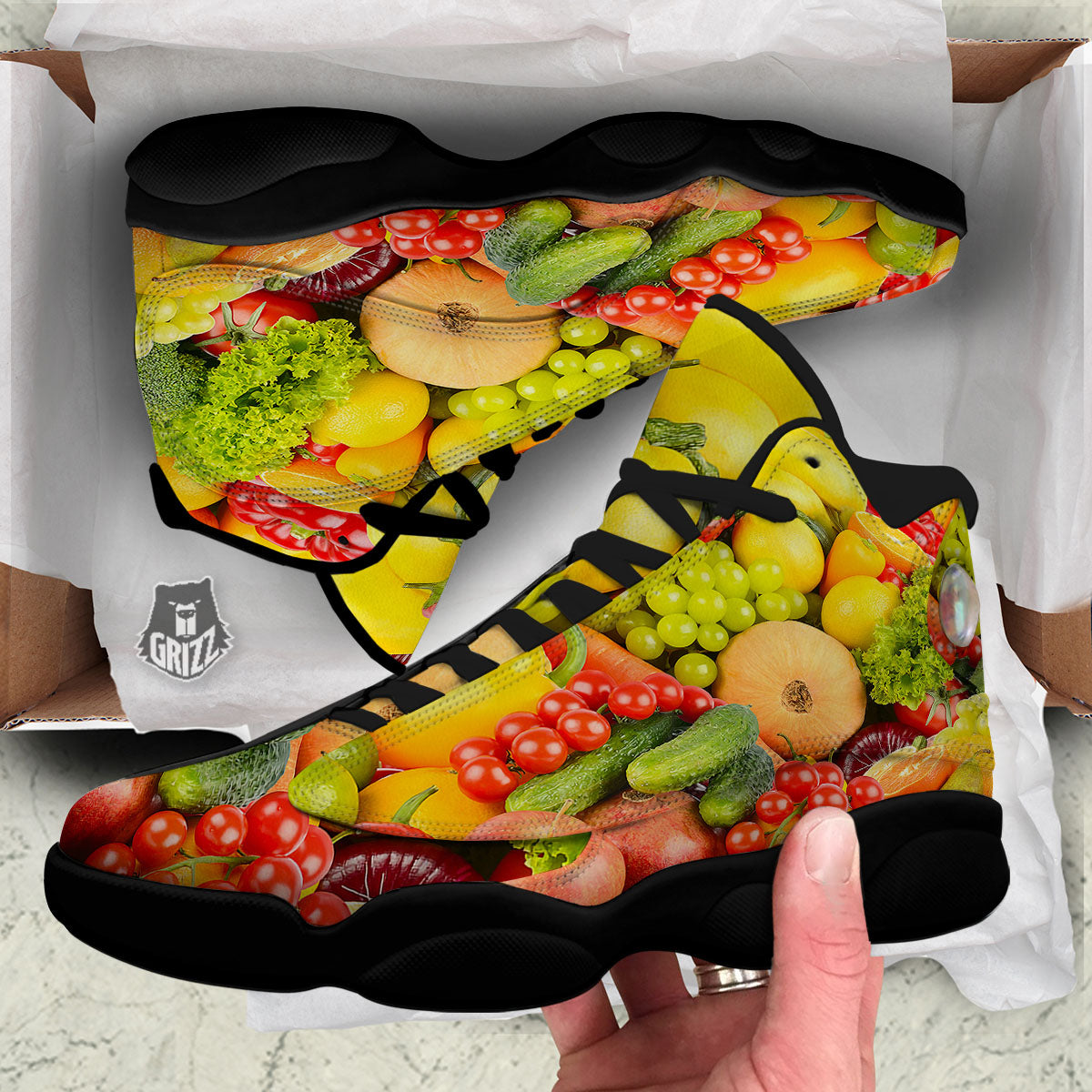 Vegetables And Fresh Fruits Print Black Basketball Shoes-grizzshop