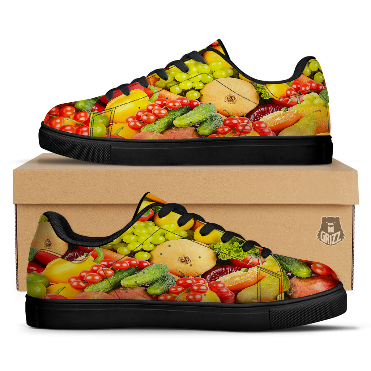 Vegetables And Fresh Fruits Print Black Low Top Sneakers-grizzshop