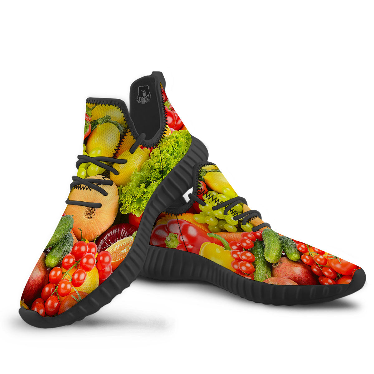 Vegetables And Fresh Fruits Print Black Walking Shoes-grizzshop
