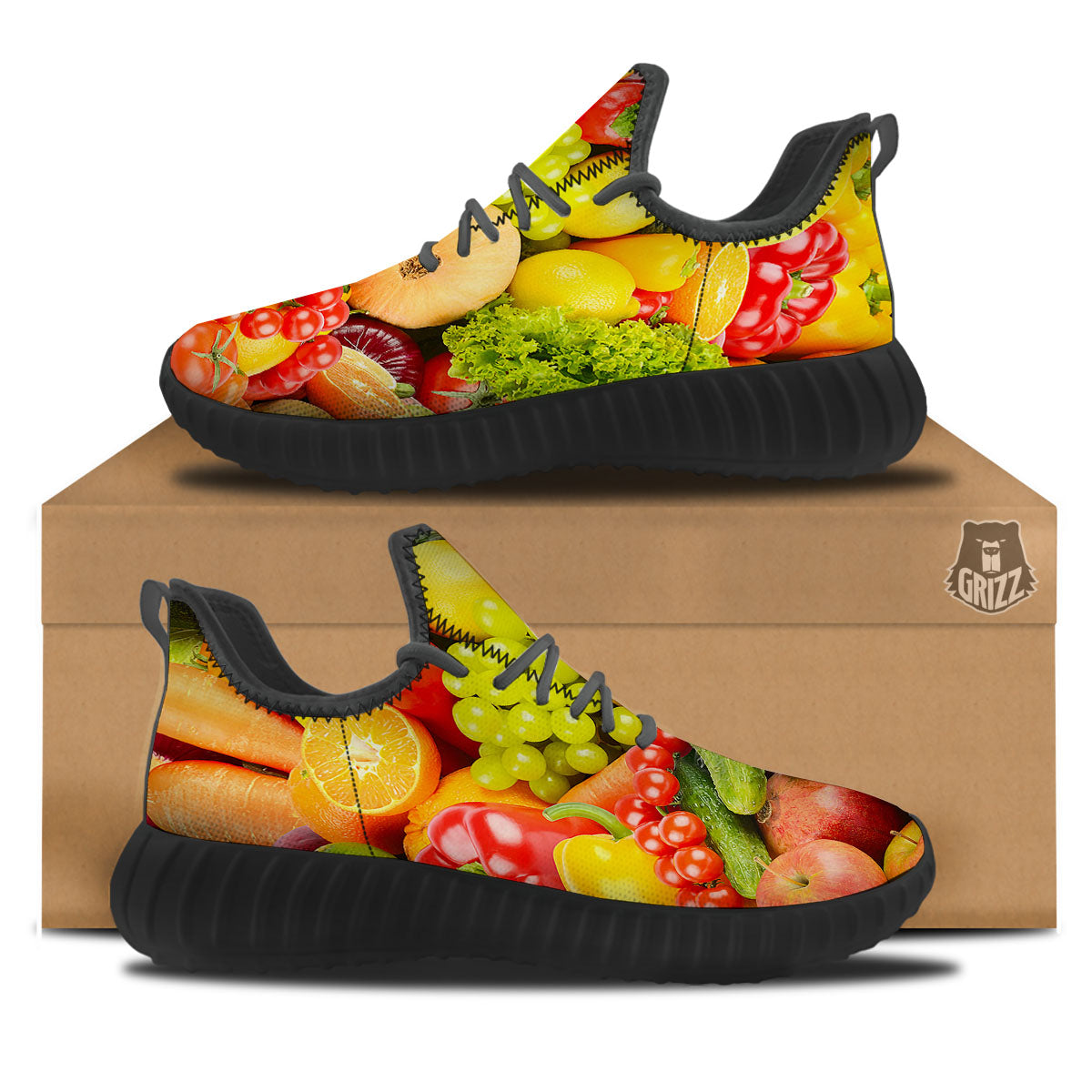 Vegetables And Fresh Fruits Print Black Walking Shoes-grizzshop