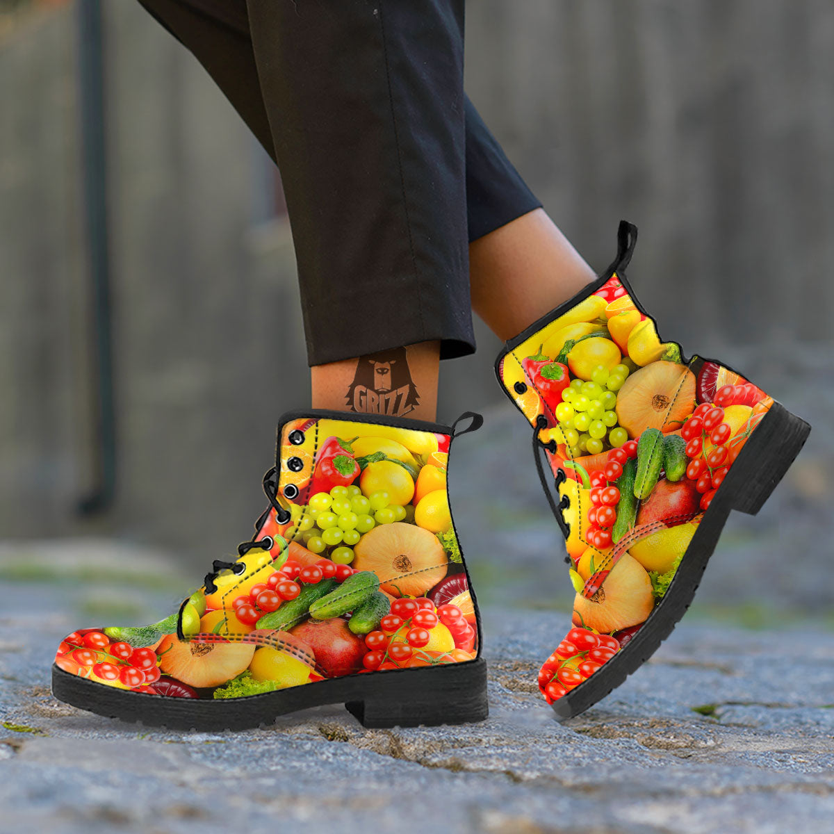 Vegetables And Fresh Fruits Print Leather Boots-grizzshop