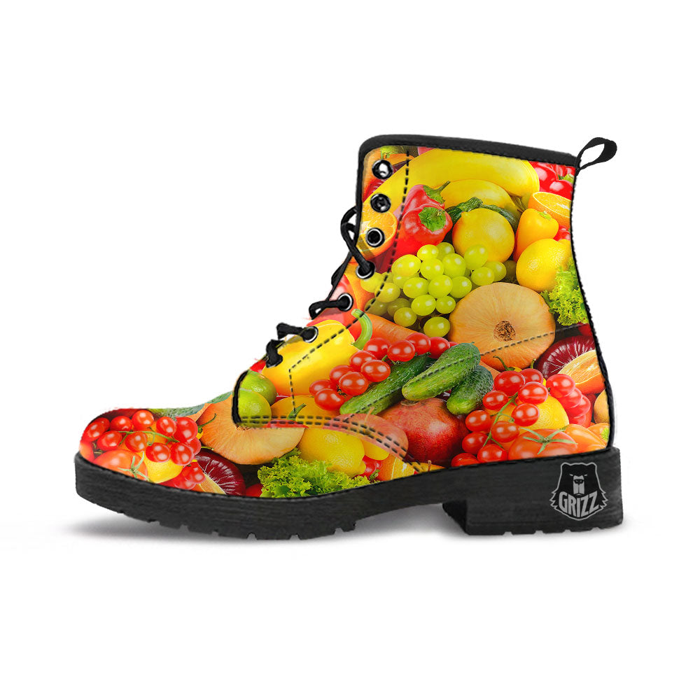 Vegetables And Fresh Fruits Print Leather Boots-grizzshop