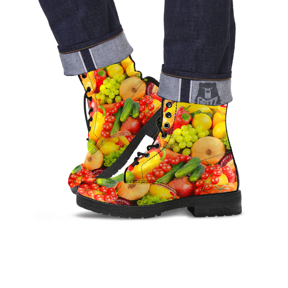 Vegetables And Fresh Fruits Print Leather Boots-grizzshop