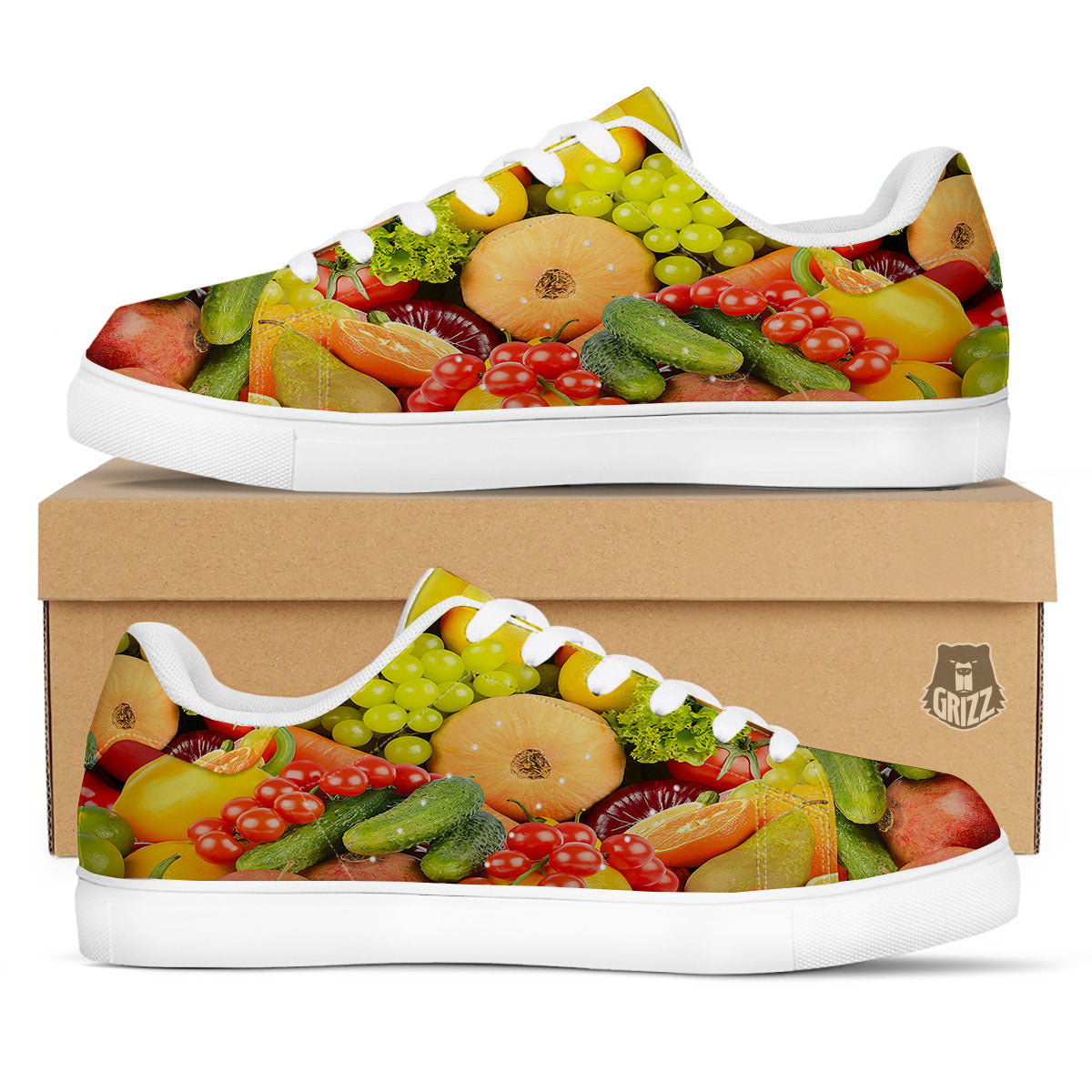 Vegetables And Fresh Fruits Print White Low Top Sneakers-grizzshop