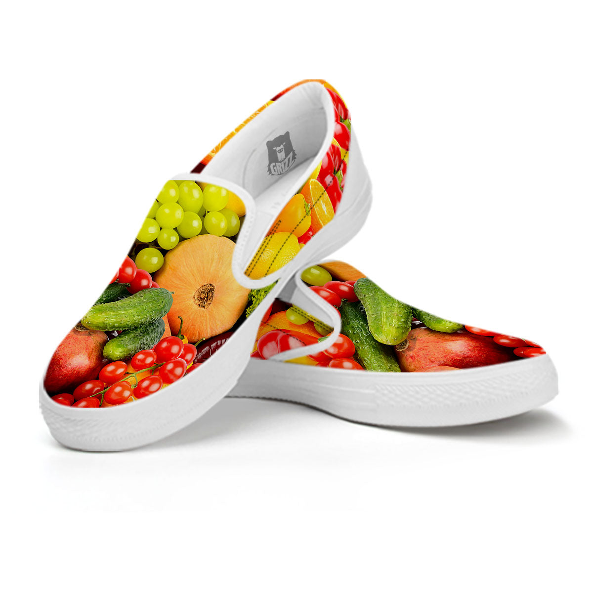 Vegetables And Fresh Fruits Print White Slip On Shoes-grizzshop