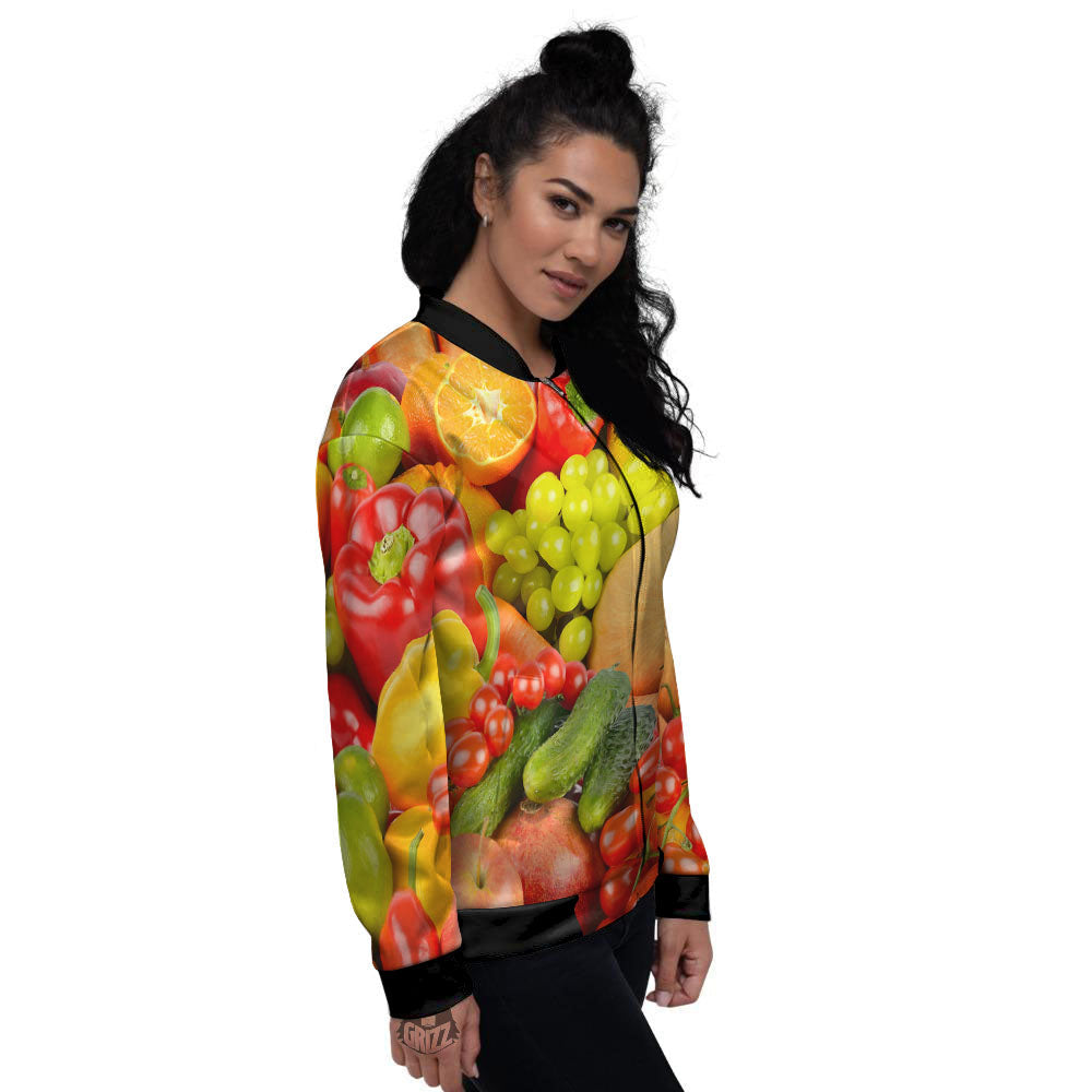 Vegetables And Fresh Fruits Print Women's Bomber Jacket-grizzshop