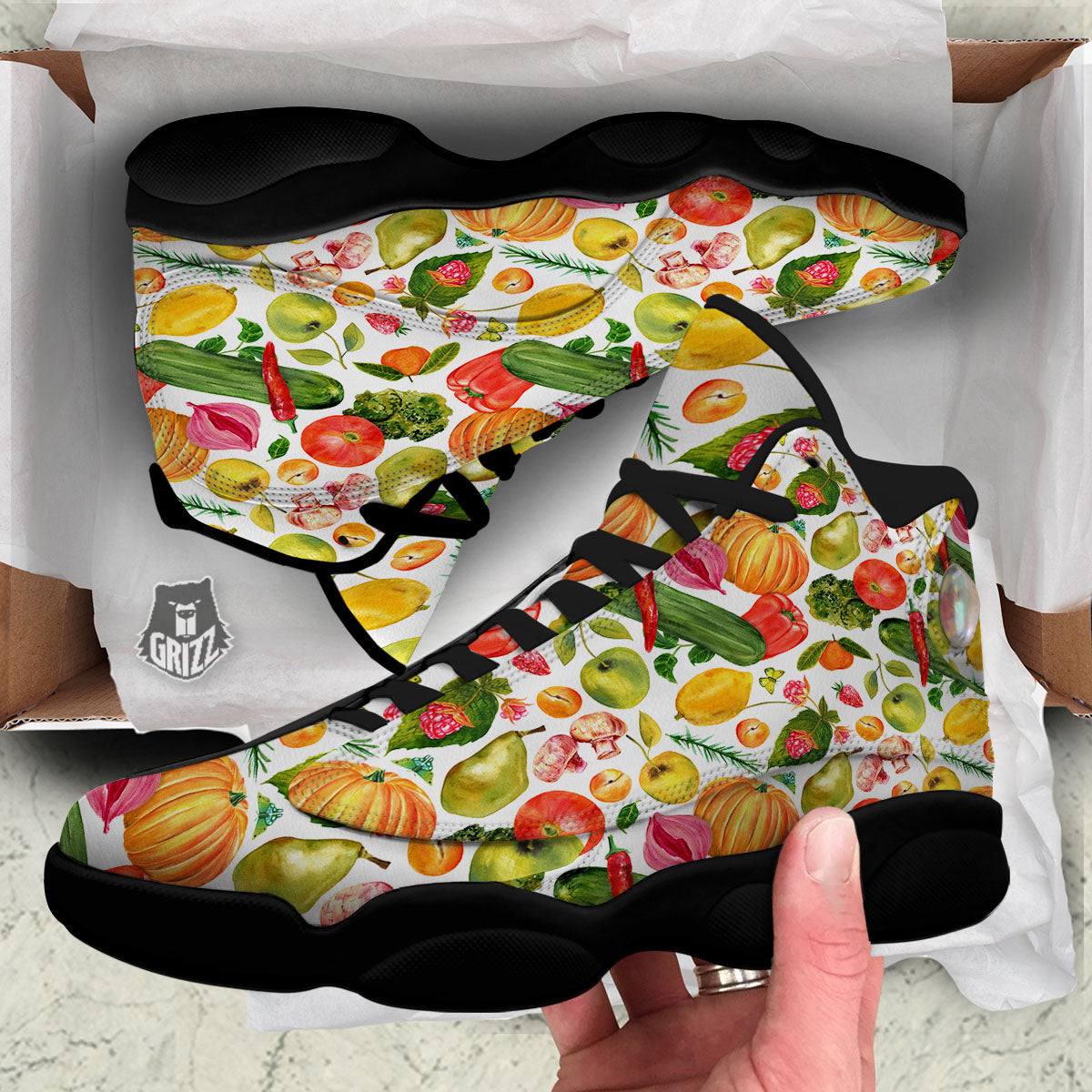 Vegetables And Vegan Fruits Print Pattern Black Basketball Shoes-grizzshop
