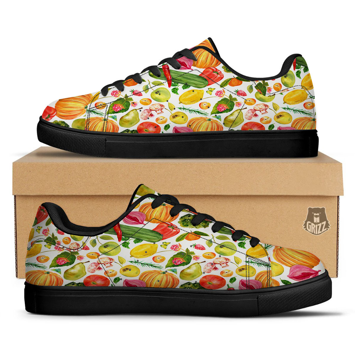 Vegetables And Vegan Fruits Print Pattern Black Low Top Sneakers-grizzshop