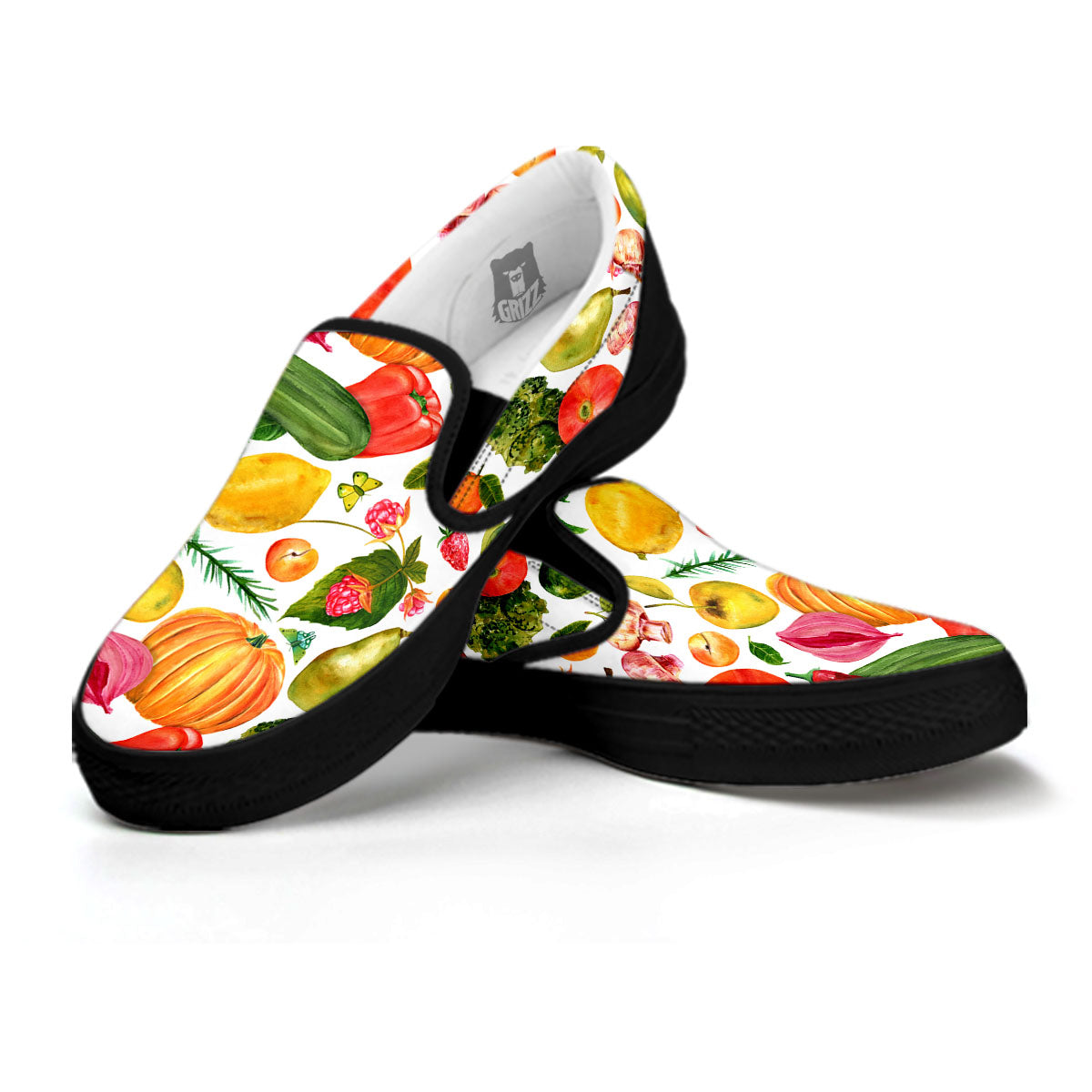 Vegetables And Vegan Fruits Print Pattern Black Slip On Shoes-grizzshop