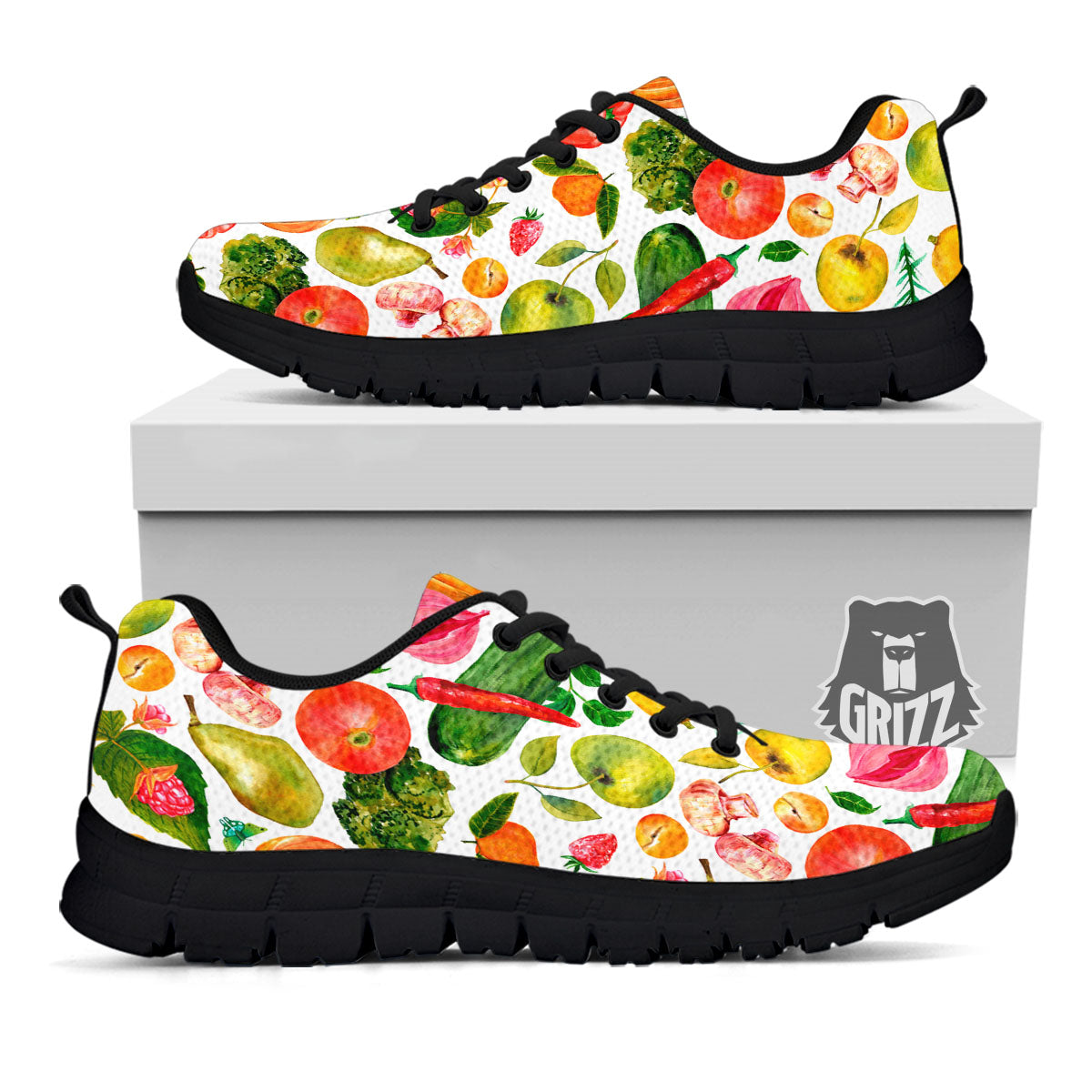 Vegetables And Vegan Fruits Print Pattern Black Sneaker-grizzshop