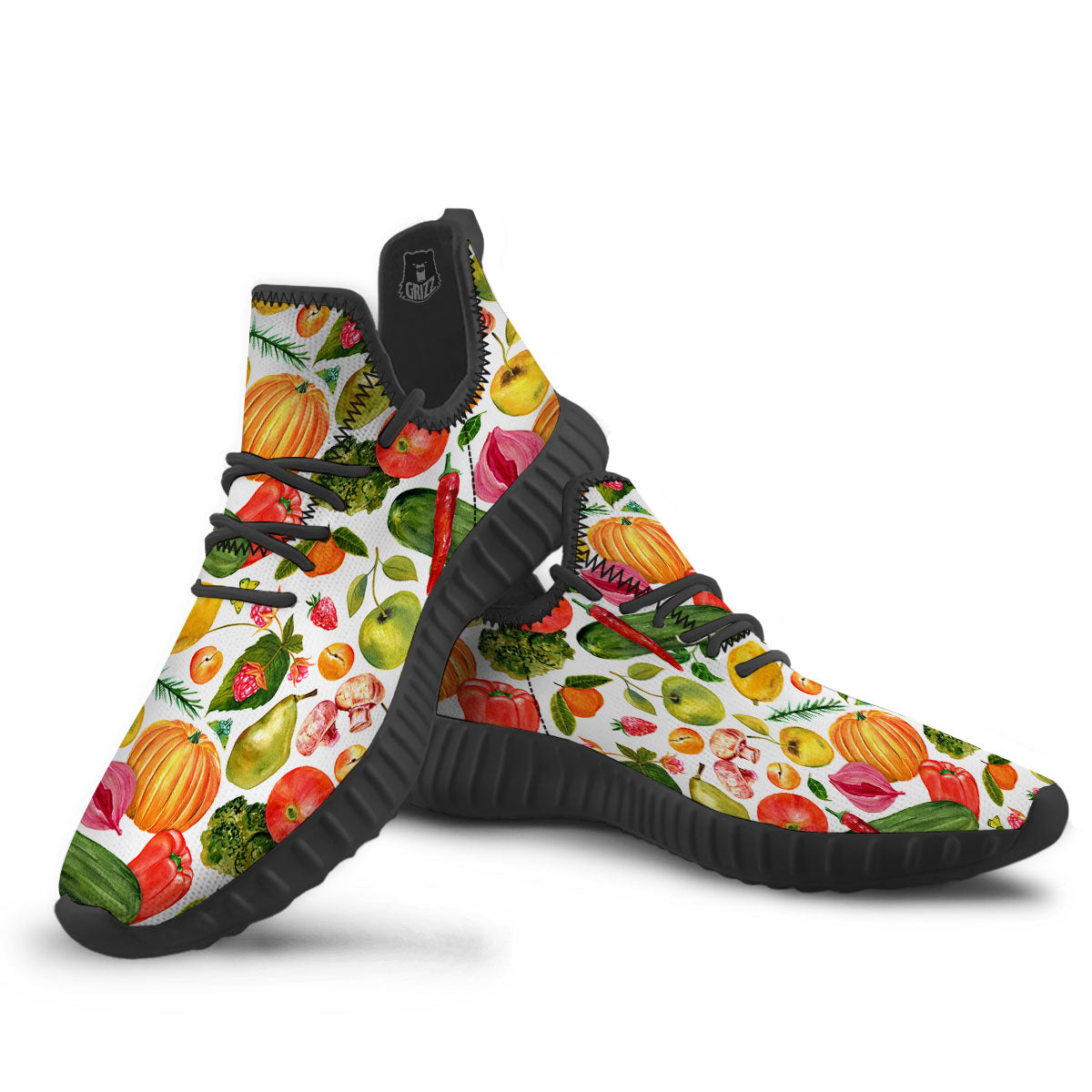 Vegetables And Vegan Fruits Print Pattern Black Walking Shoes-grizzshop
