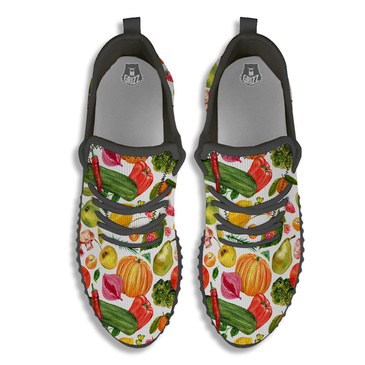 Vegetables And Vegan Fruits Print Pattern Black Walking Shoes-grizzshop