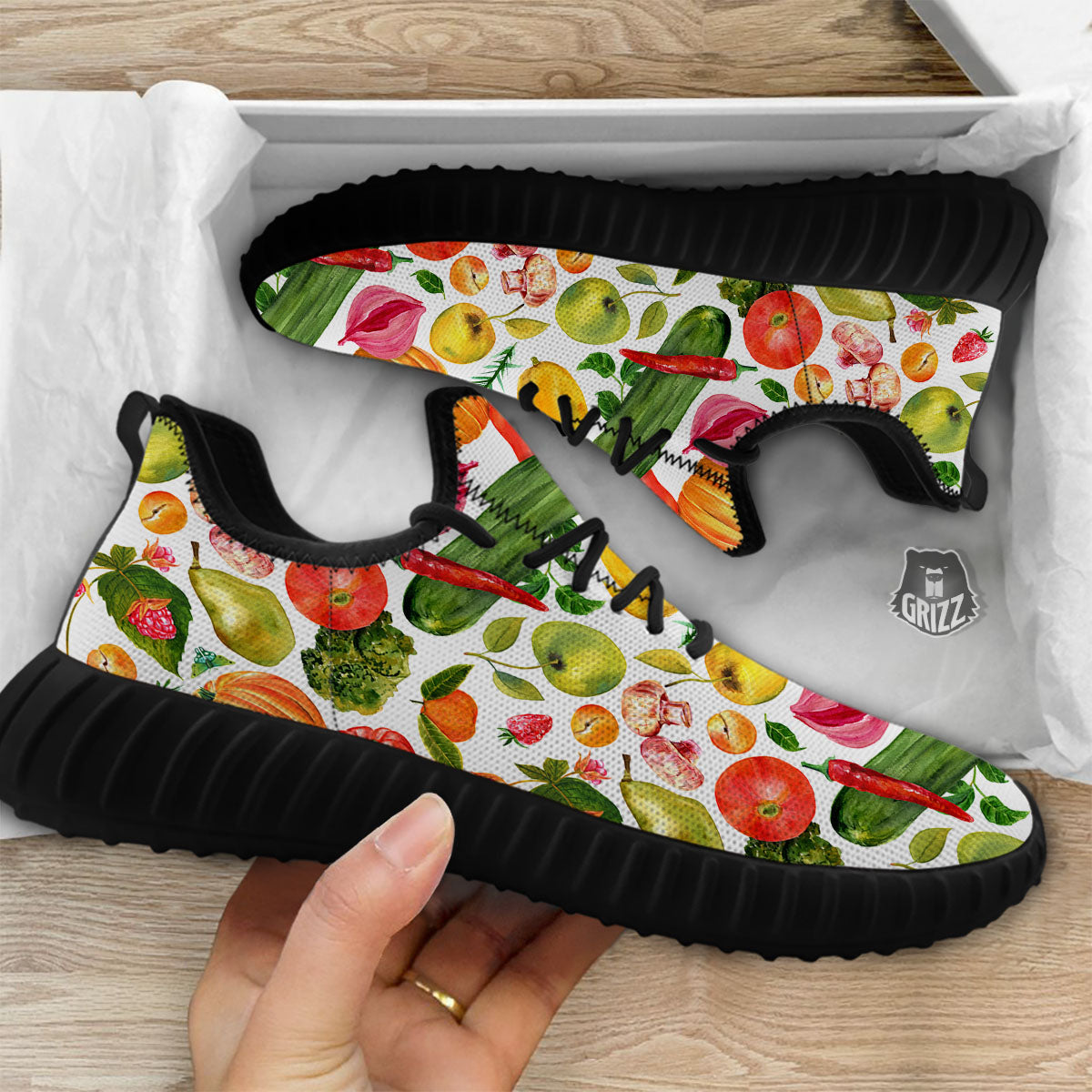 Vegetables And Vegan Fruits Print Pattern Black Walking Shoes-grizzshop
