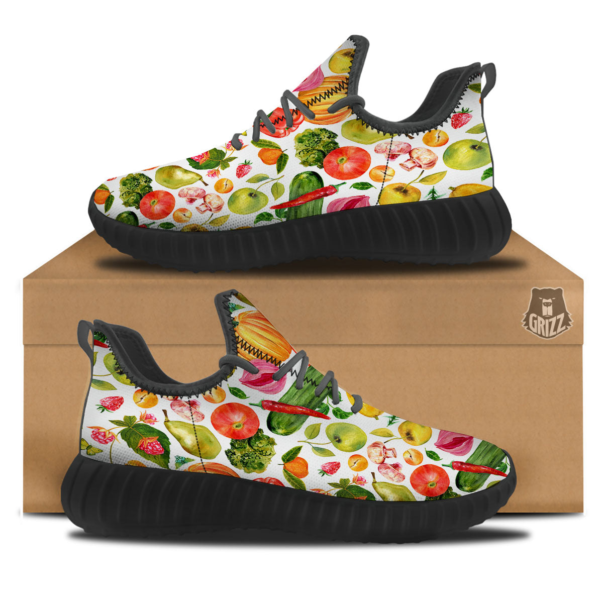 Vegetables And Vegan Fruits Print Pattern Black Walking Shoes-grizzshop