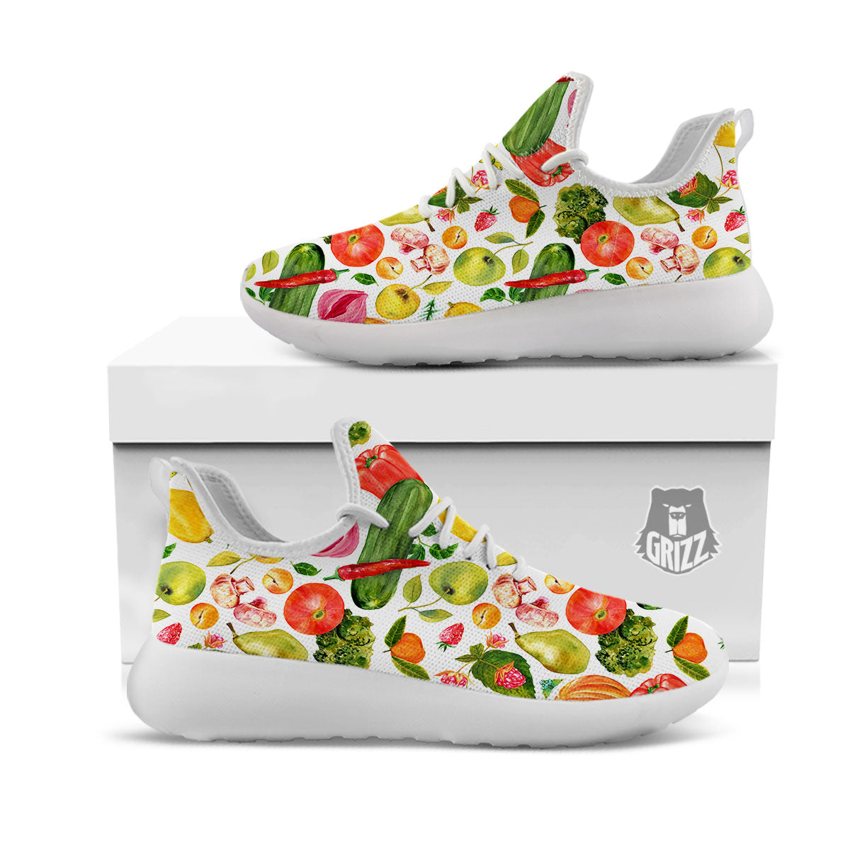 Vegetables And Vegan Fruits Print Pattern White Athletic Shoes-grizzshop