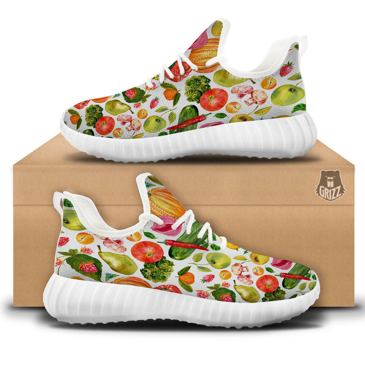 Vegetables And Vegan Fruits Print Pattern White Walking Shoes-grizzshop