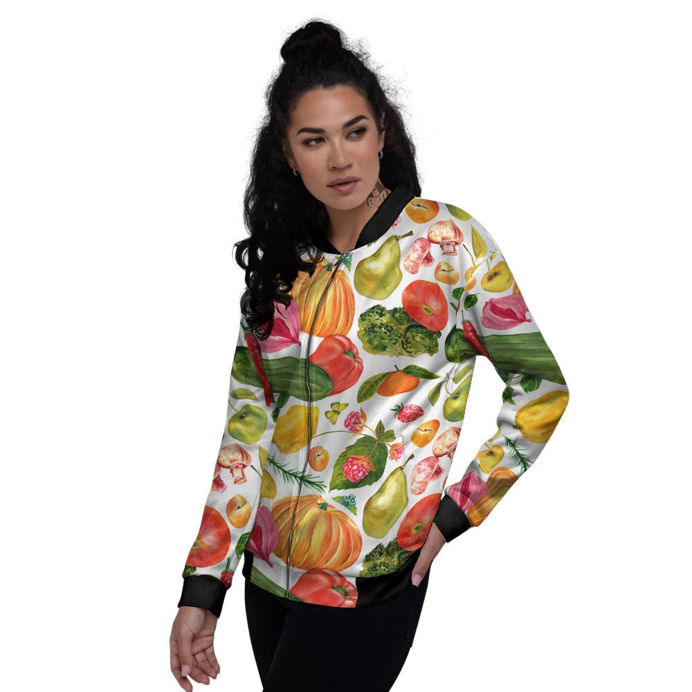 Vegetables And Vegan Fruits Print Pattern Women's Bomber Jacket-grizzshop