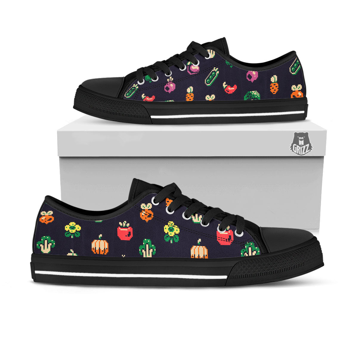 Vegetables Pixel Print Pattern Black Low Top Shoes-grizzshop