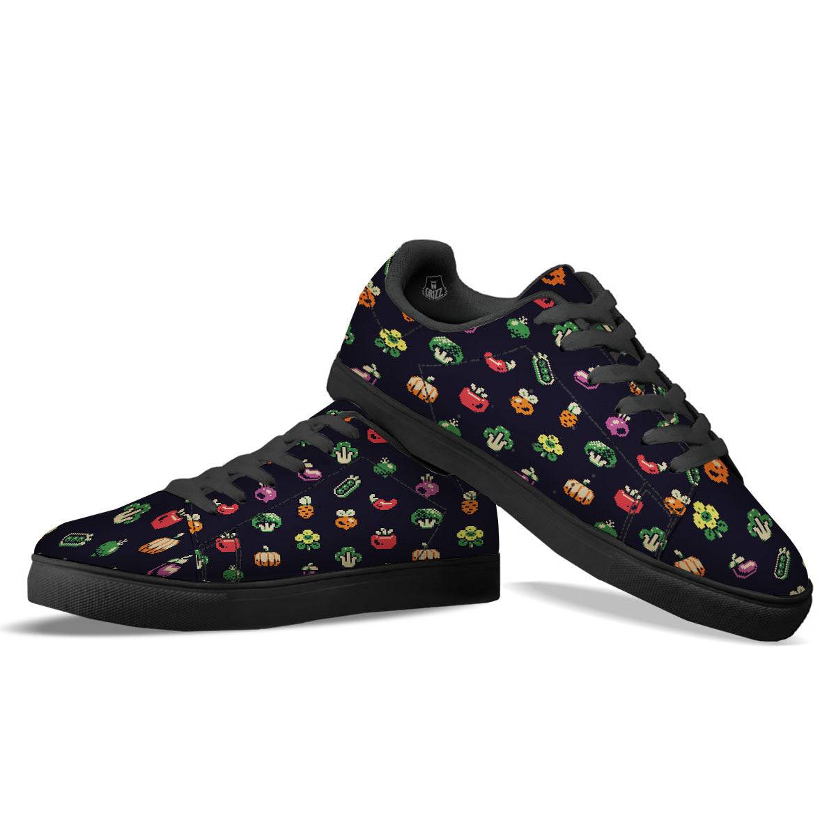 Vegetables Pixel Print Pattern Black Low Top Sneakers-grizzshop