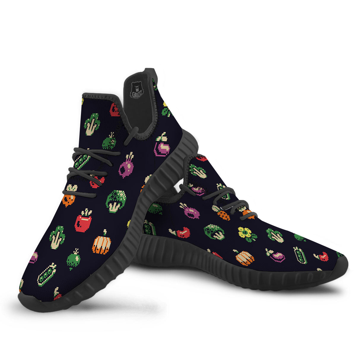 Vegetables Pixel Print Pattern Black Walking Shoes-grizzshop
