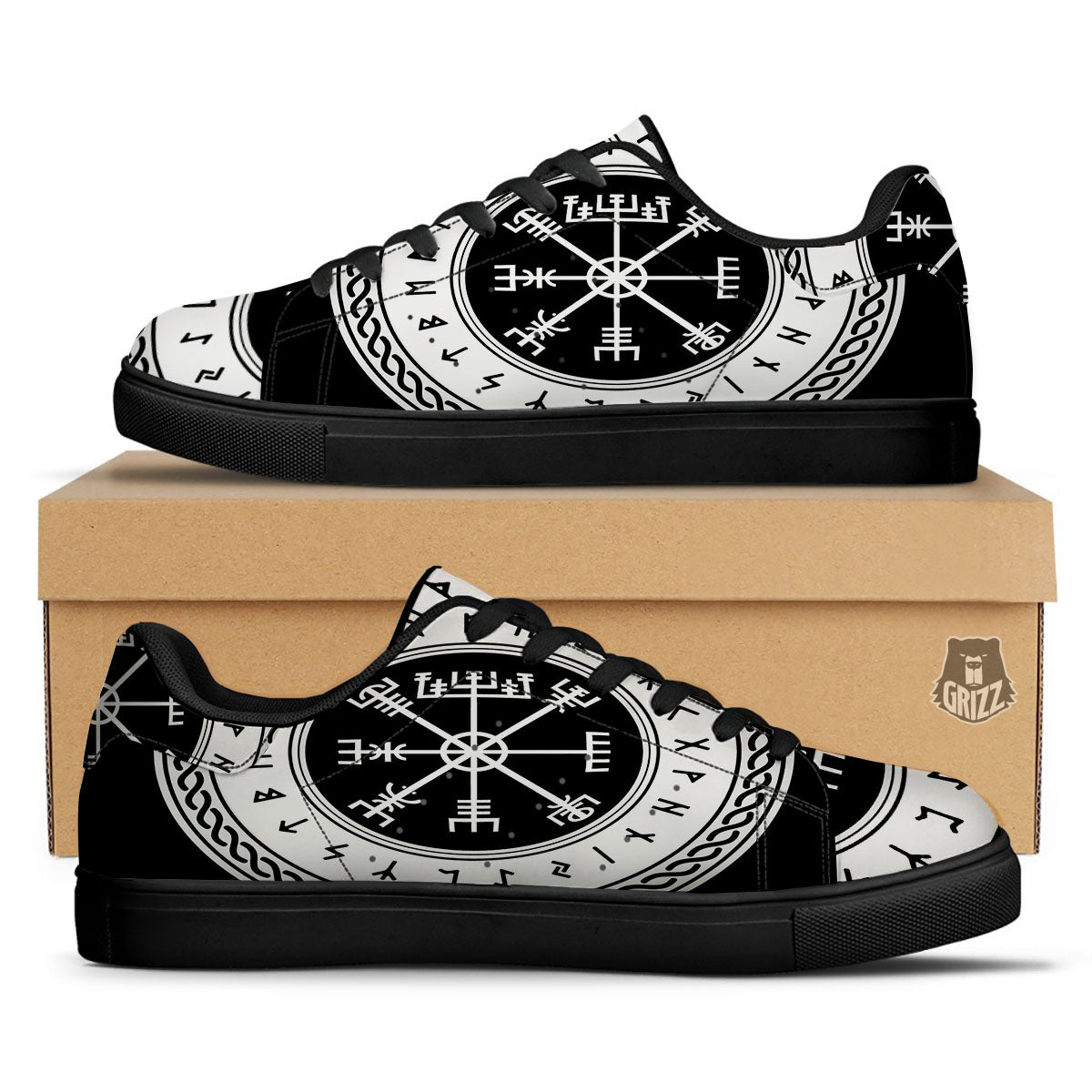 Vegvisir Viking Print Black Low Top Sneakers-grizzshop